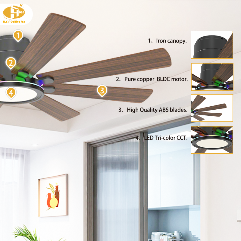 Large Flush Mount Ceiling Fan with RGB Light and Remote - 8 Blades