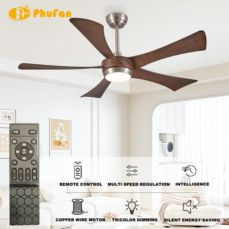 Wood grain ceiling fan with light for dining area, five ABS blades and brushed nickel housing in a feature illustration.