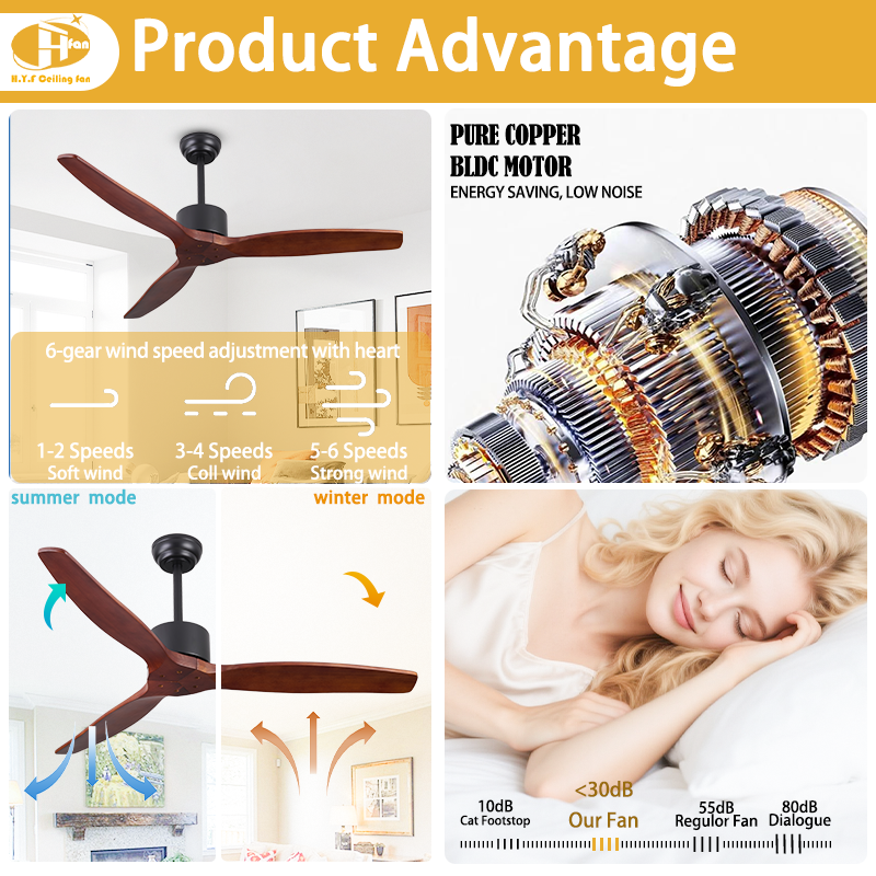섬네일: Wooden Ceiling Fan Without Light Reversible Quiet DC Motor & Remote Control