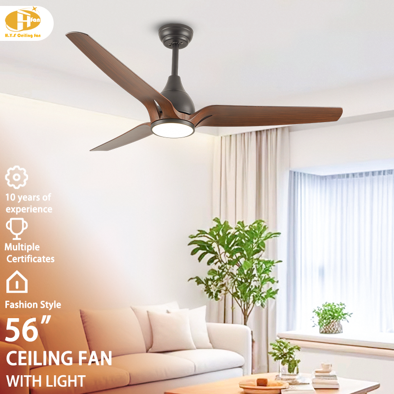 Contemporary ceiling fan with light for family room, three brown blades pictured above a sofa.