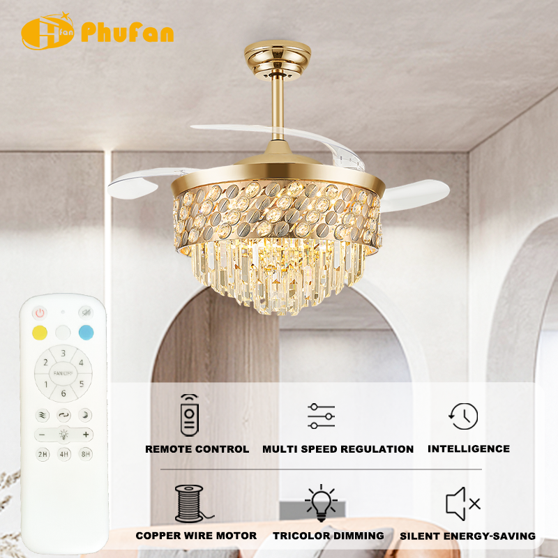 Round Dual-Layer Crystal Retractable Ceiling Fan Light Remote Control for Villa