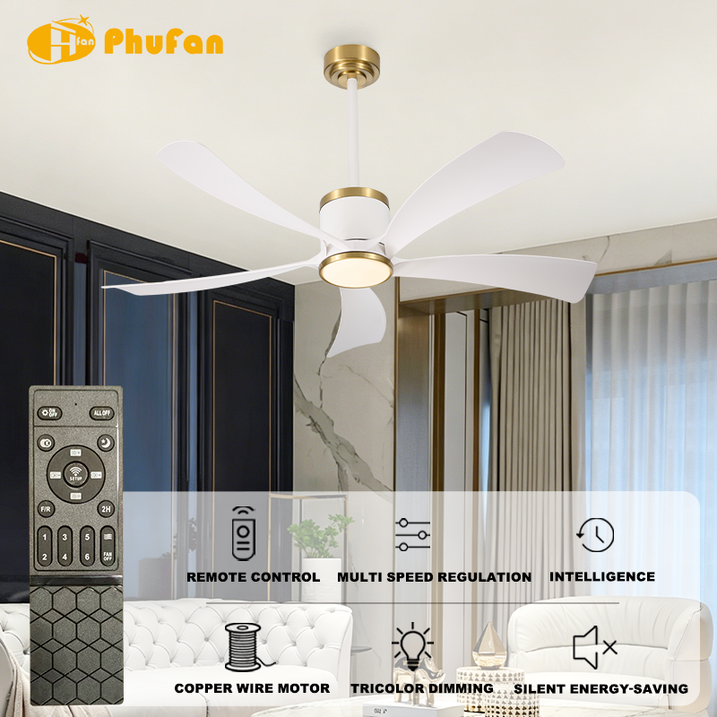 Black or White Ceiling Fan with Light - 5 ABS Blades and Gold Trim
