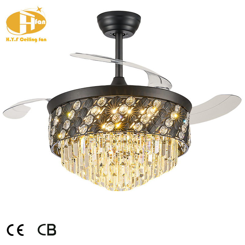 Thumbnail: Round Dual-Layer Crystal Retractable Ceiling Fan Light Remote Control for Villa