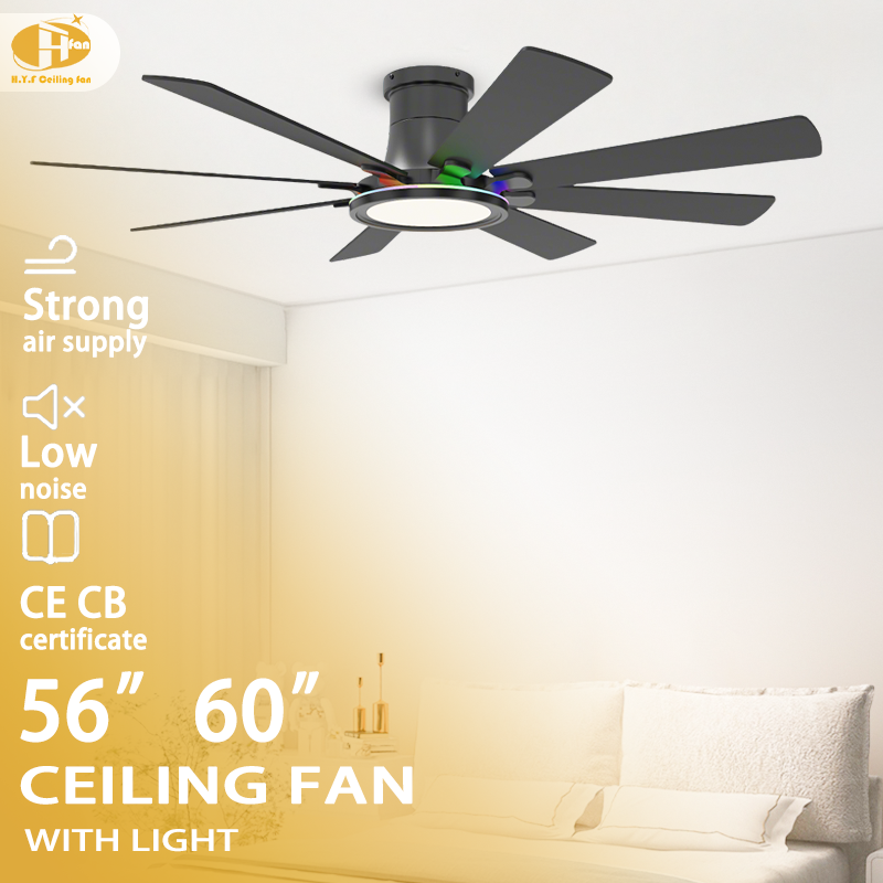 60 inch ceiling fan with light for living room, eight black blades and RGB accents in a 56/60-inch graphic.