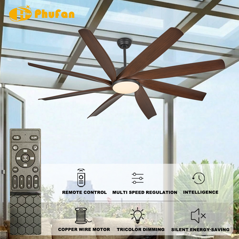 Eight wood-grain ABS blades on a black fan light, shown in a glass-roofed interior illustration with remote-control icons.