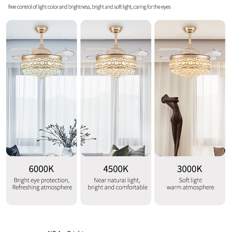Luxury Crystal Ceiling Fan Light 3 Color Adjustable LED & Remote Control