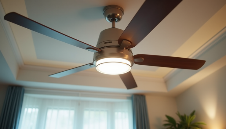 Eye-level view of a modern retractable ceiling fan with flicker-free LED lighting