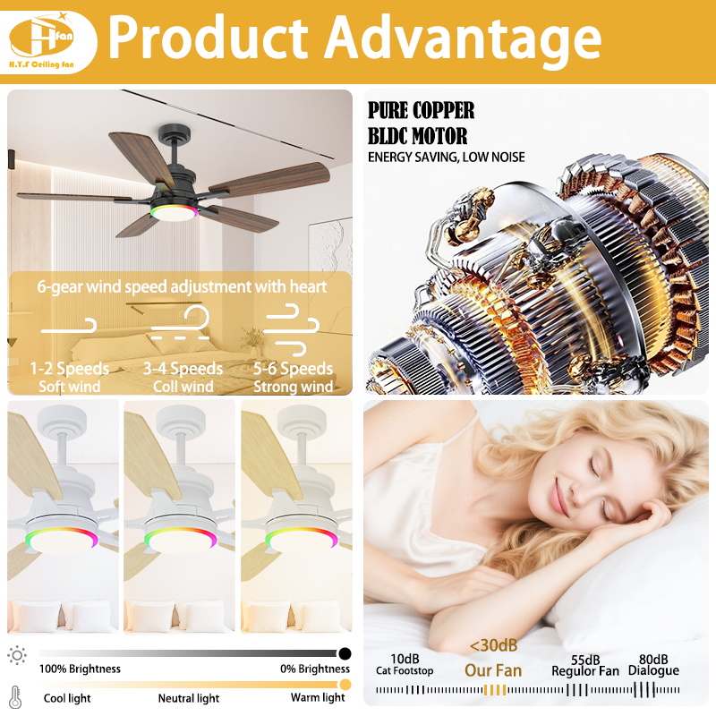 Ceiling Fan with Dimmable LED and RGB Ring Light - Remote Control