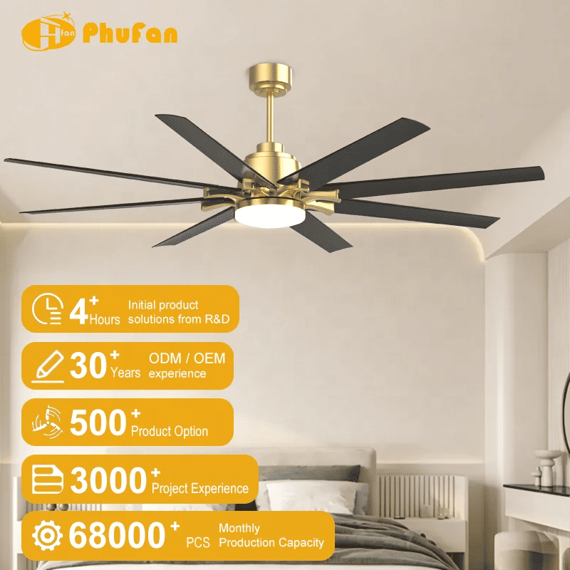 60 or 72 inch modern ceiling fan with light, eight black blades and gold housing in an interior illustration.