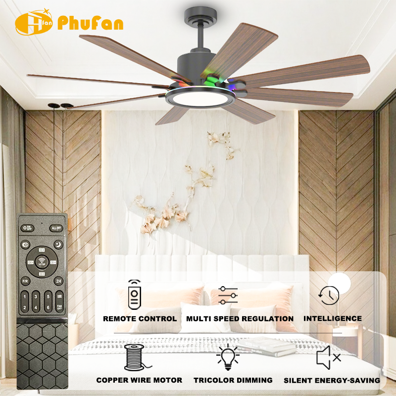 8-Blade Downrod Mount Ceiling Fan Reversible Wood Blades RGB Ambient LED Light