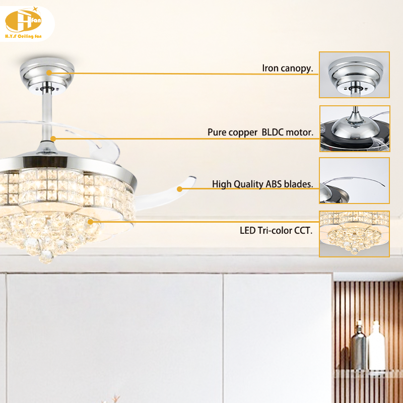 サムネイル： RGB Crystal Retractable CeilingFan Multi Color Changing Ambient Lamp for Bedroom