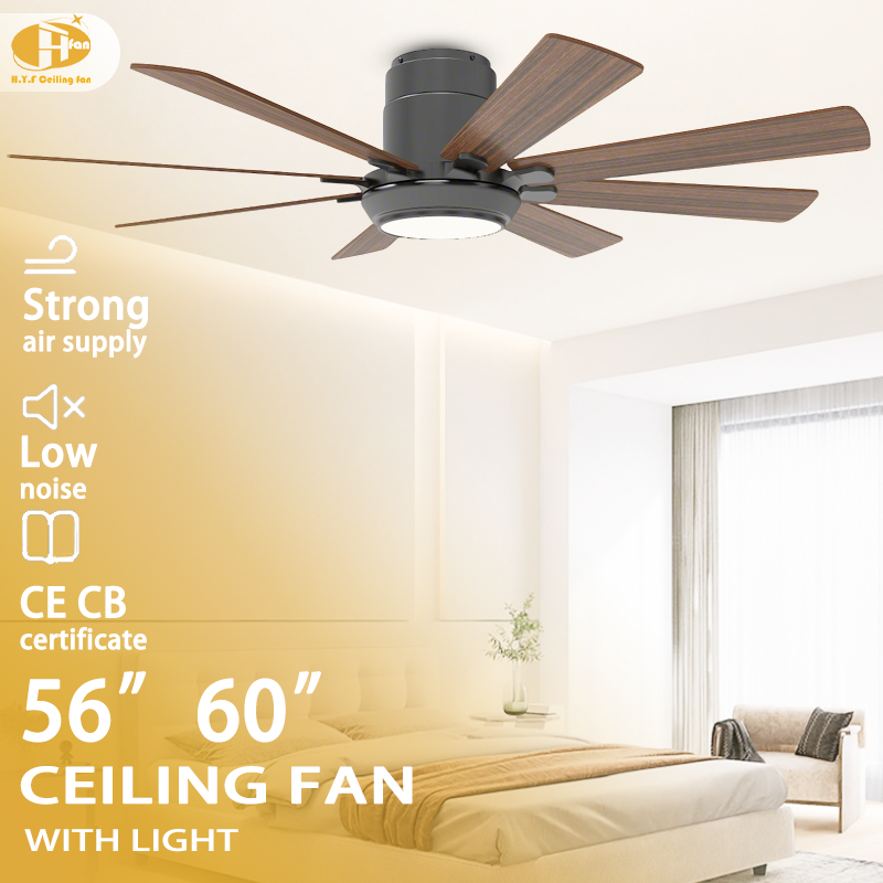Low profile ceiling fan with light for bedroom, eight wood-grain plywood blades and black housing pictured above a bed.