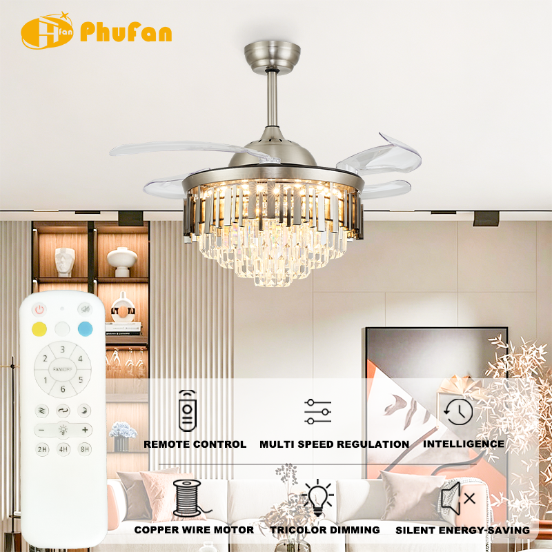 Retractable Ceiling Fan Light, Invisible Transparent Blades for Living Space