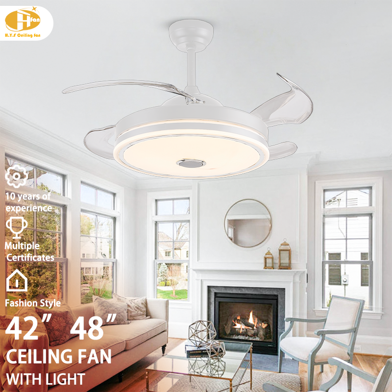 Retractable Ceiling Fan DC Motor RGB Dimmable LED Tuya Smart Control for Villa
