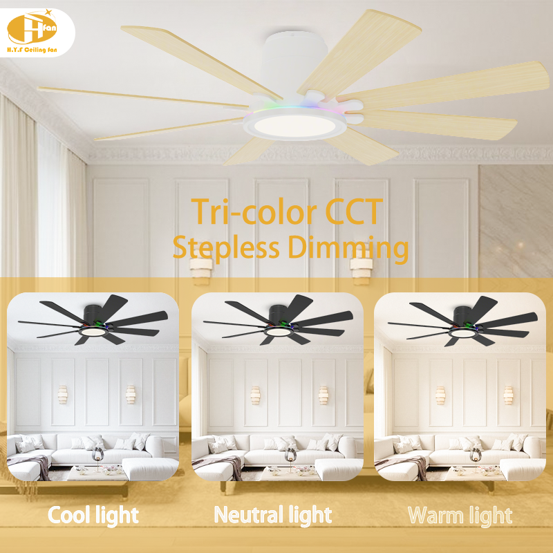 Large Flush Mount Ceiling Fan with RGB Light and Remote - 8 Blades