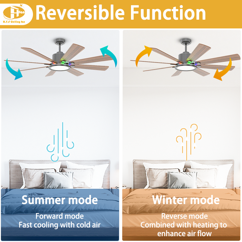 8-Blade Downrod Mount Ceiling Fan Reversible Wood Blades RGB Ambient LED Light