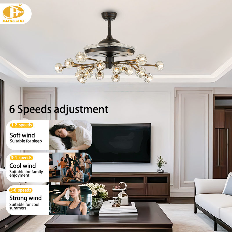 36 Inch Retractable Ceiling Fan Chandelier with Light and Remote