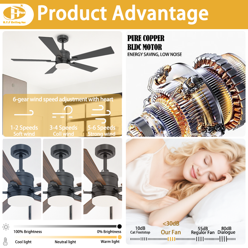 5-Blade Ceiling Fan, Reversible Blades, Dimmable Central LED Light & Hand Remote
