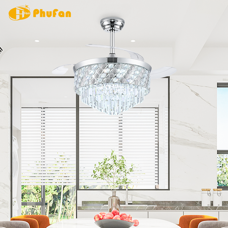 Round Dual-Layer Crystal Retractable Ceiling Fan Light Remote Control for Villa