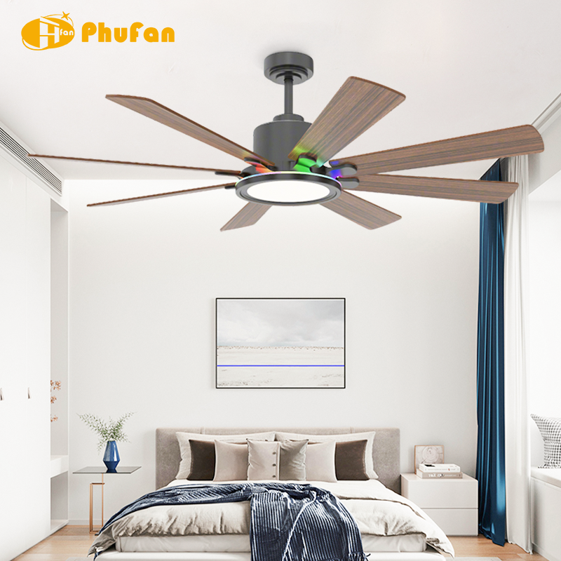 8-Blade Downrod Mount Ceiling Fan Reversible Wood Blades RGB Ambient LED Light