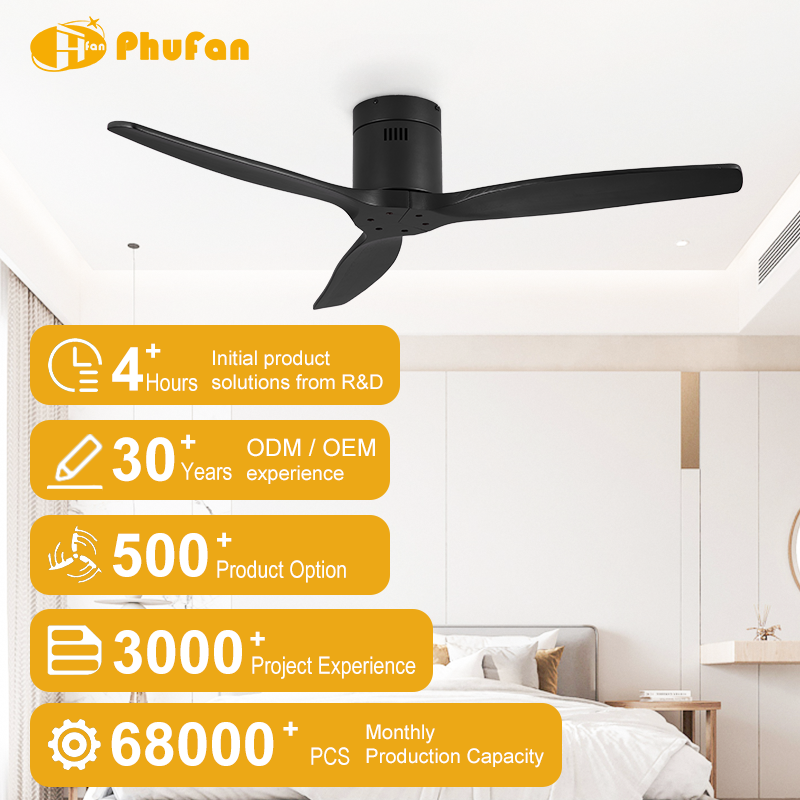 Three-blade black hugger ceiling fan without a light, shown above a bed in an interior illustration.