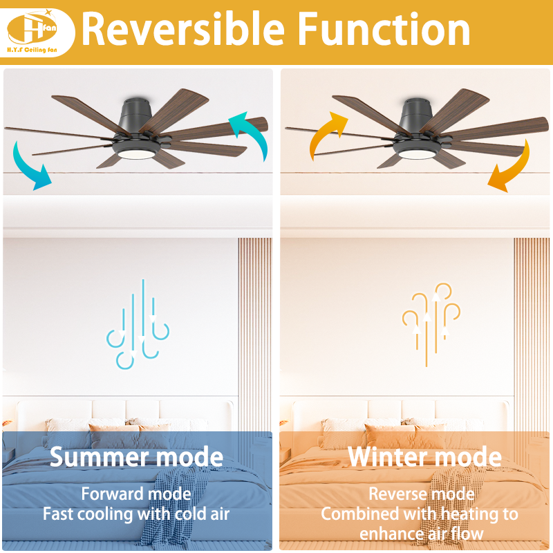 Eight-blade flush-mount fan light in a two-panel diagram comparing downward and upward seasonal airflow.