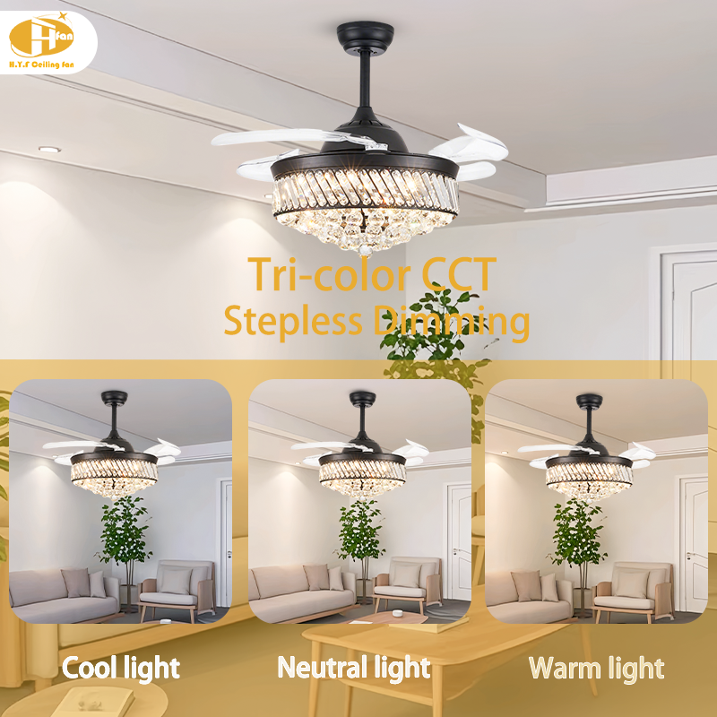Luxury Crystal Ceiling Fan Light, Hidden Transparent Blades, 3Color Dimmable LED