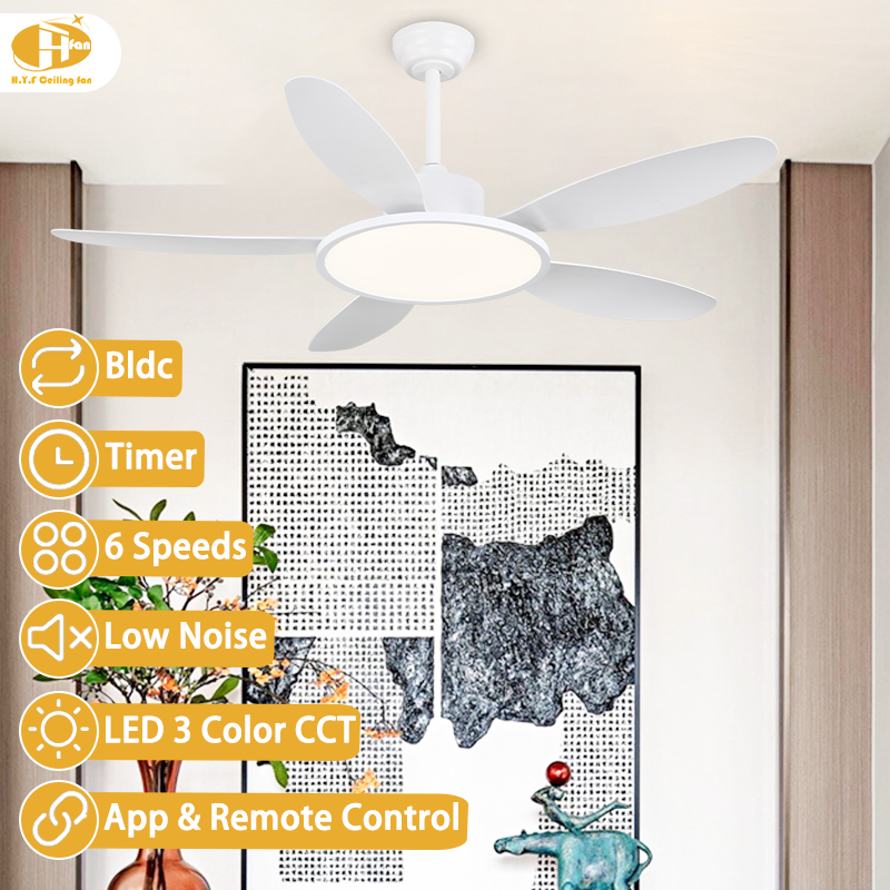 White Ceiling Fan with Dimmable LED Light and Remote - 5 ABS Blades