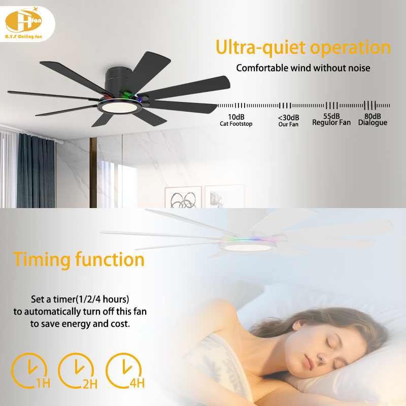 Large Flush Mount Ceiling Fan with RGB Light and Remote - 8 Blades