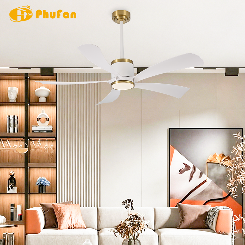 Black or White Ceiling Fan with Light - 5 ABS Blades and Gold Trim