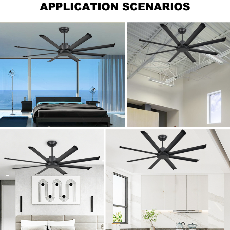8-Blade Matte Black Large Ceiling Fan Without Light DC Motor & Remote Control