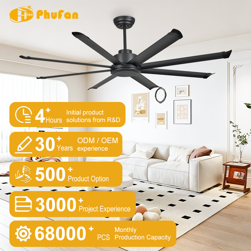 Eight-blade black ceiling fan without a light pictured above a sofa in a living-room illustration.