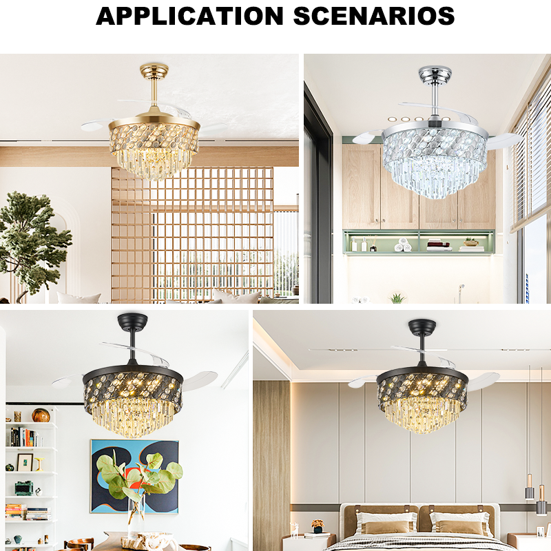 Round Dual-Layer Crystal Retractable Ceiling Fan Light Remote Control for Villa