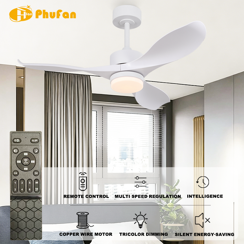 White ceiling fan with light for bedroom, three curved ABS blades pictured with remote-control feature icons.