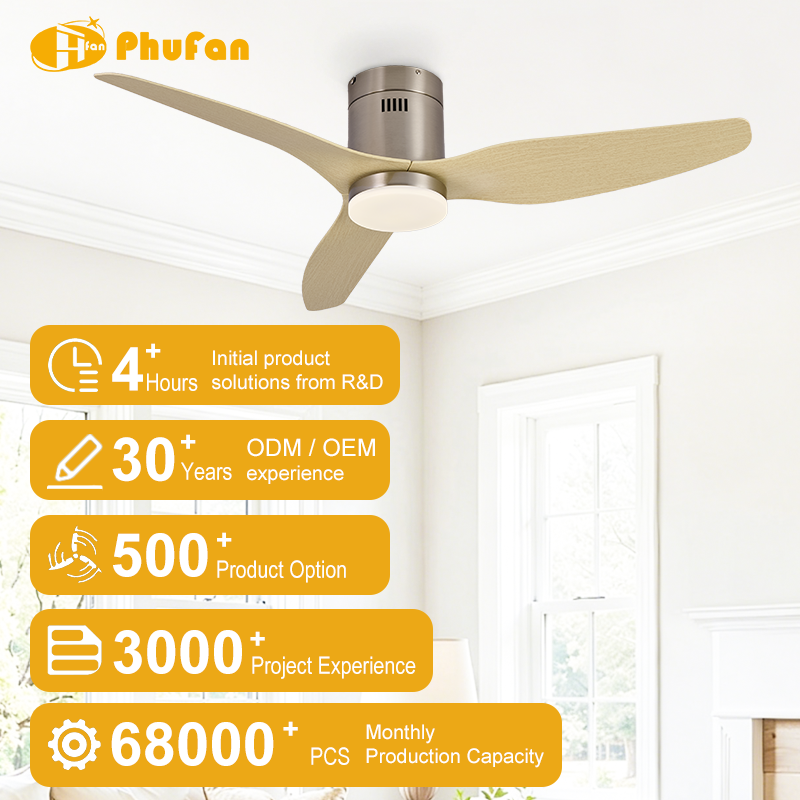 Low profile ceiling fan with light for living room, three pale wood-grain ABS blades and brushed nickel housing.