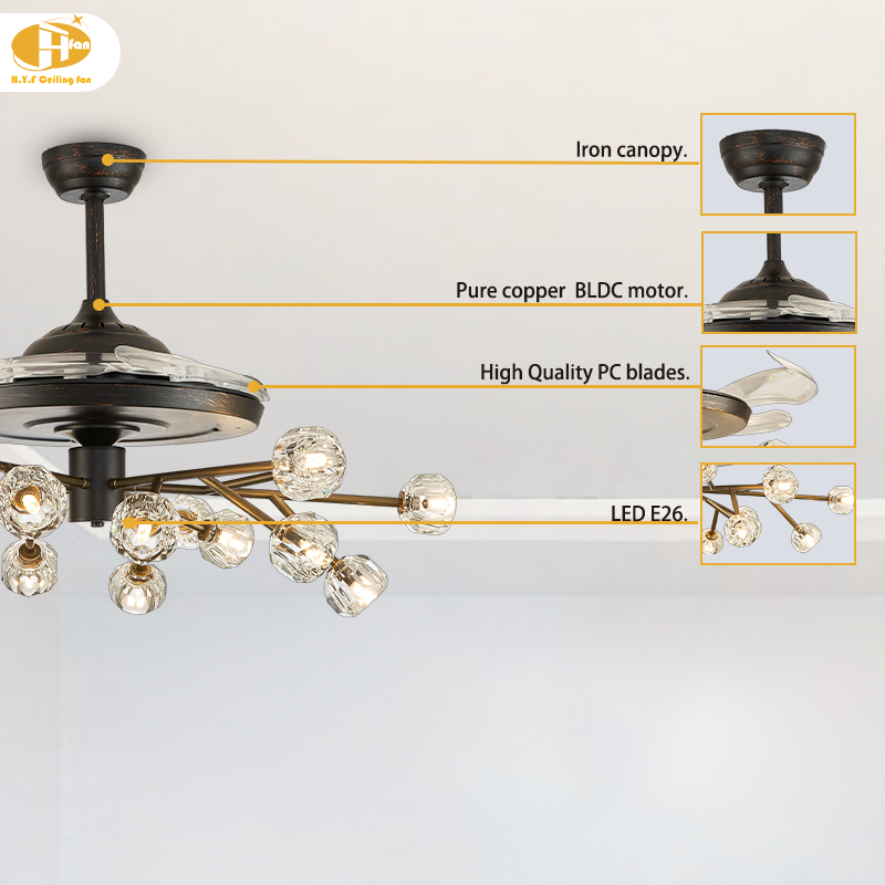 36 Inch Retractable Ceiling Fan Chandelier with Light and Remote