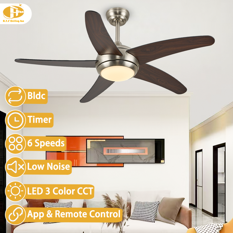 Retro Ceiling Fan with Light - Wood-Grain ABS Blades and Nickel Housing