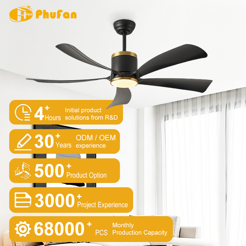 Black or White Ceiling Fan with Light - 5 ABS Blades and Gold Trim