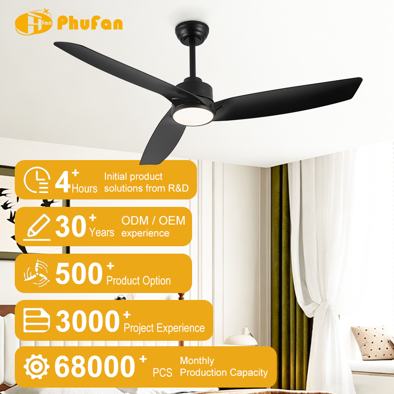 56 inch ceiling fan with light for living room, three black ABS blades pictured in an interior illustration.