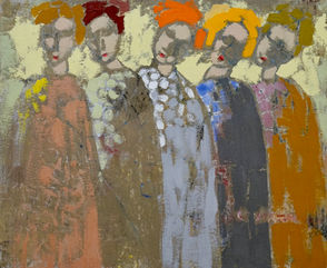 The painting depicts five dancers performing a round dance, capturing the fluidity and harmony of their movements in this timeless choreography.