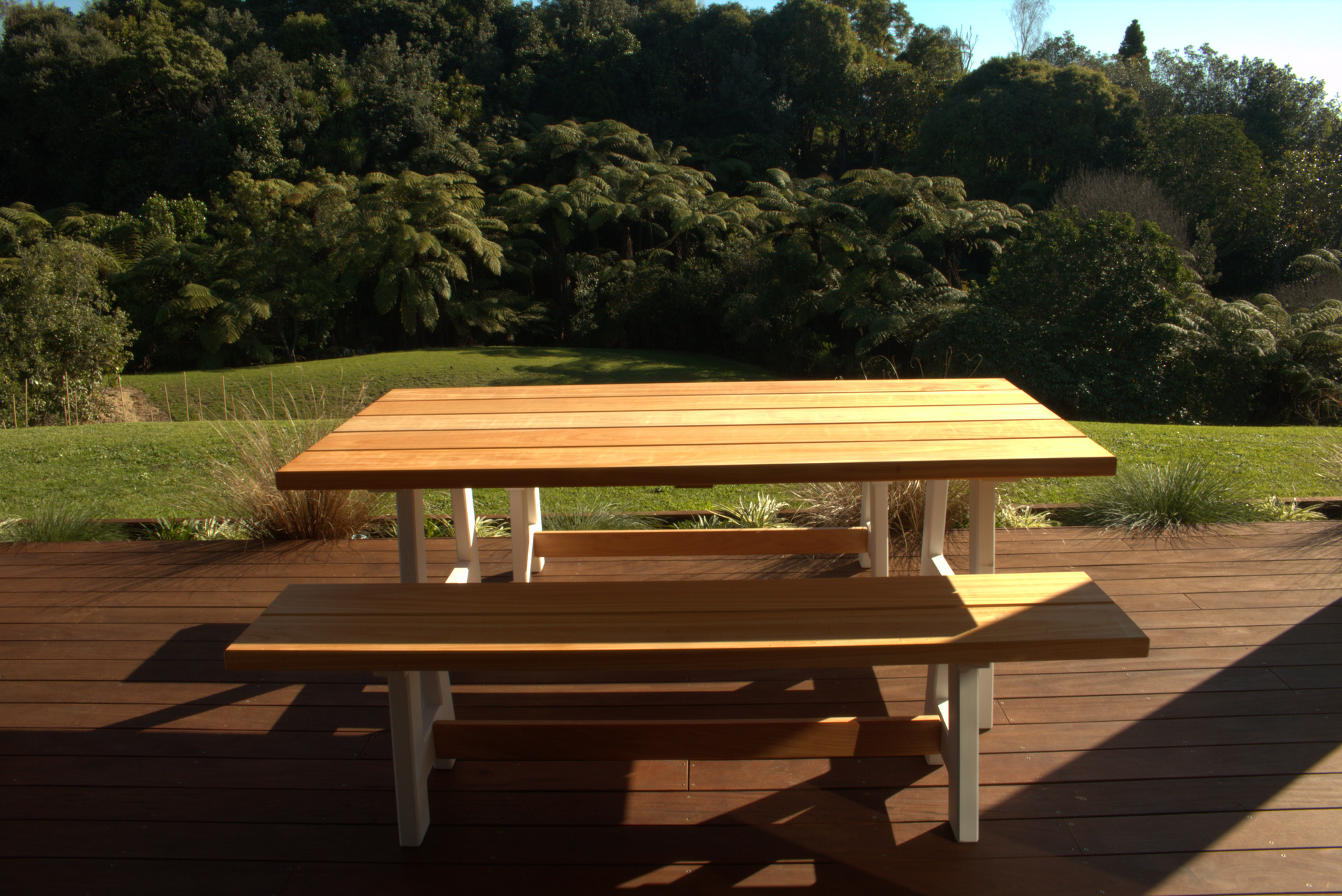 8 Seat Outdoor Dining Set (table and two benches in white)..Macrocarpa.