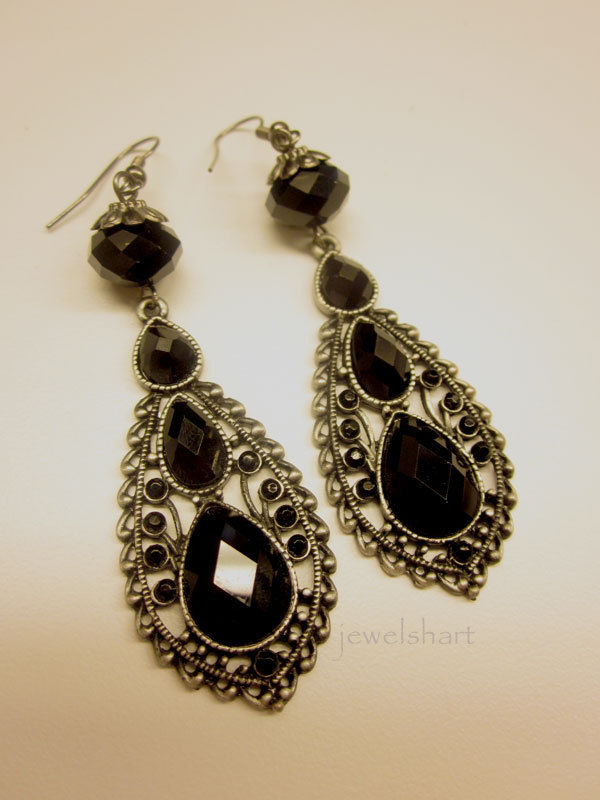 Thumbnail: Black Teardrop Pendant Earrings