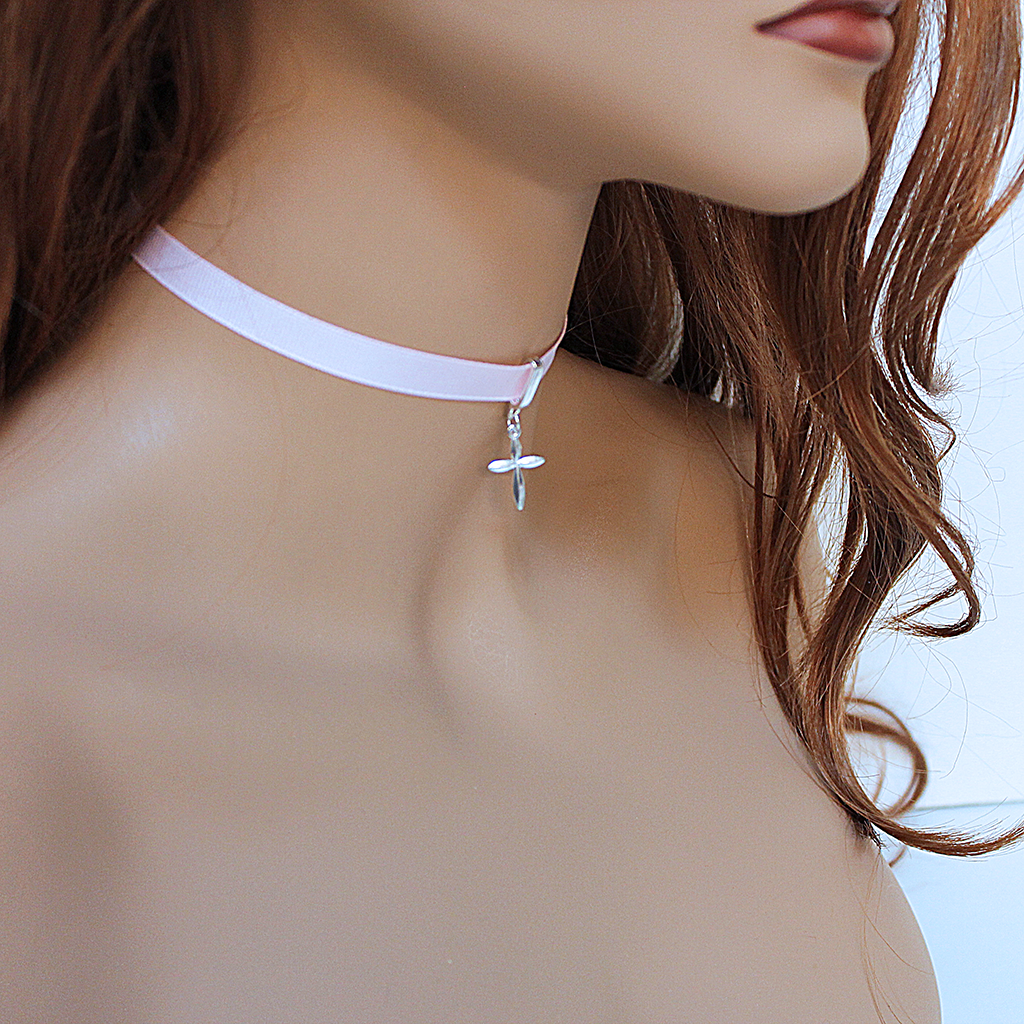 Pink Ribbon Silver Cross Choker