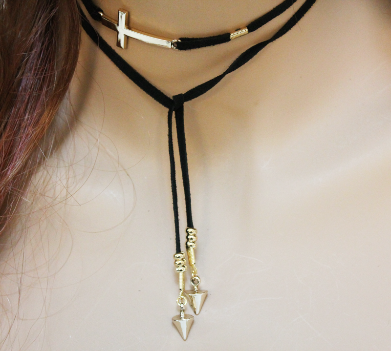 Thumbnail: Gold Cross Black Suede Necklace