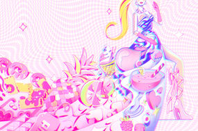 A vibrant, pink illustration of a Barbie-like character wearing a long skirt covered in pink foods