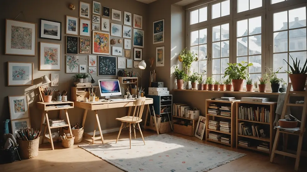 Eye-level view of a cozy creative space filled with art supplies and inspirational decor.