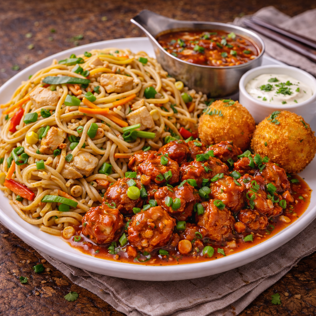 CHICKEN HAKKA NOODLES, CKEN MANCHURIAN & CHEESE BALLS (2)
