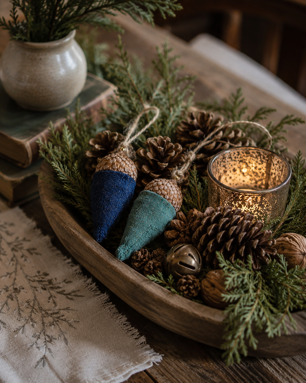 Two handmade minky acorn ornaments resting among pinecones, evergreen branches, and a glowing candle in a rustic wooden bowl.
