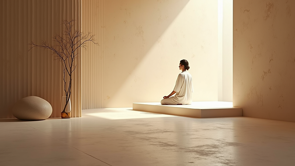 Eye-level view of a serene meditation space with soft lighting