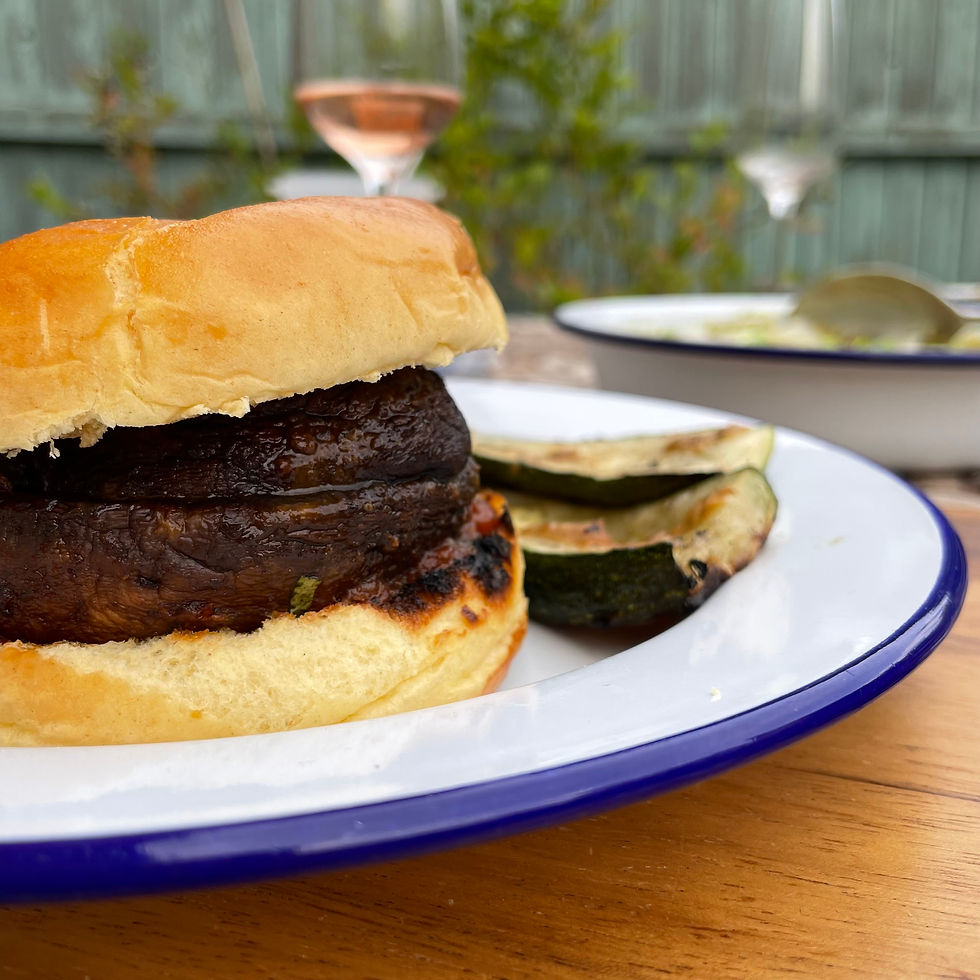 barbecued mushroom burger with sides